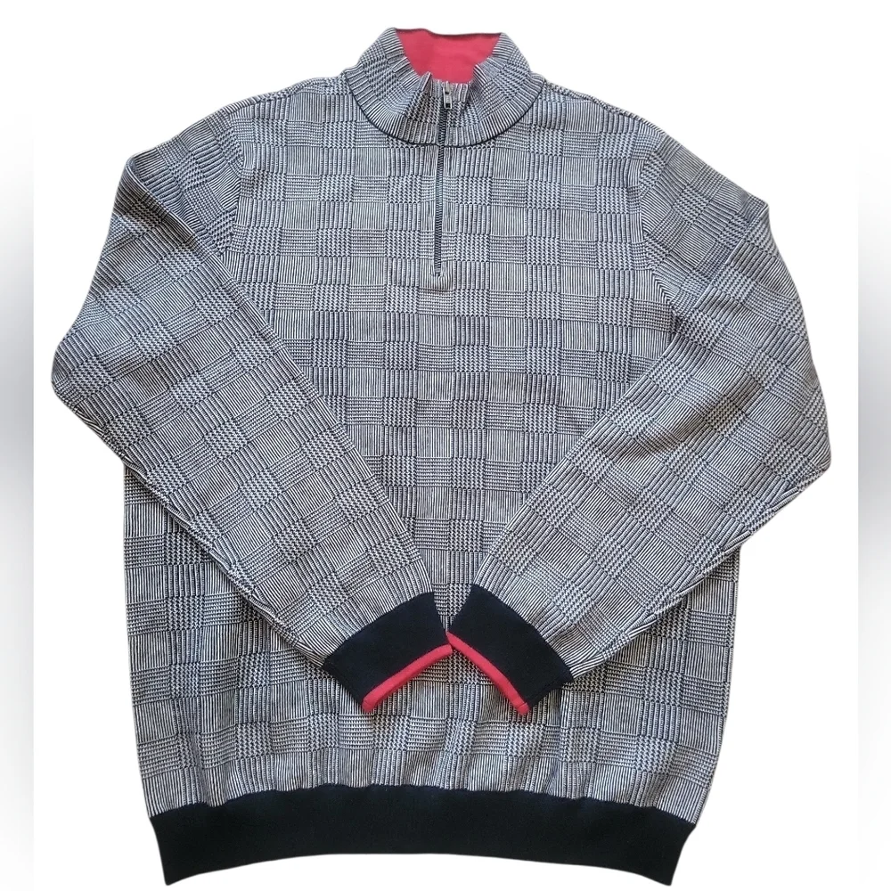 Paul Fredrick Black and Gray Checkered Quarter Zip Mock Neck Sweater